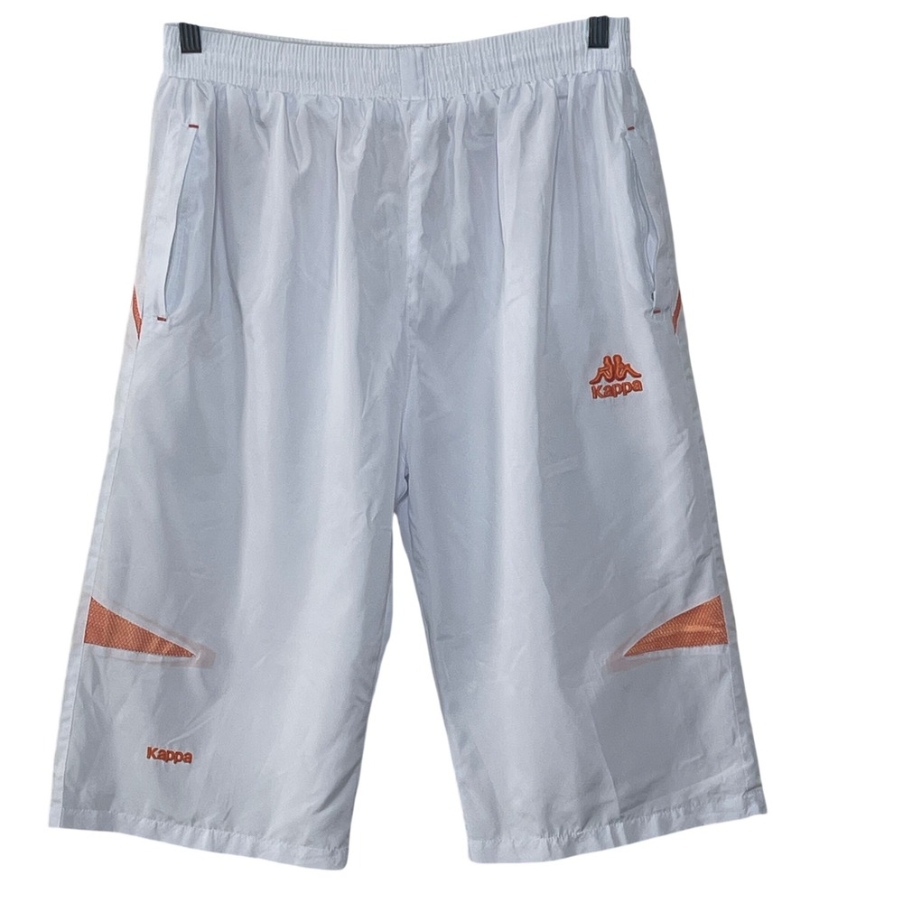 Kappa Mens Athletic Shorts White Orange Logo Mesh Panel‎ Elastic Waist XL